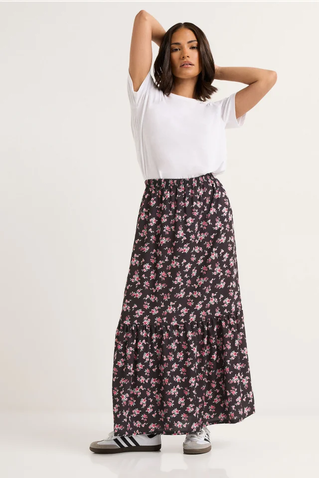 PixieGirl Petite Black Ditsy Floral Tiered Maxi Skirt