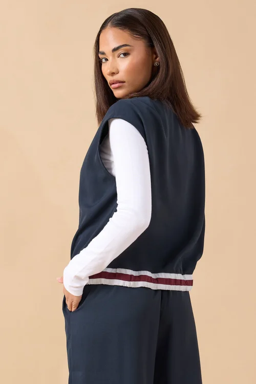 PixieGirl Petite Navy Blue Contrast Sleeveless Jacket Top - Size 14 Image 3