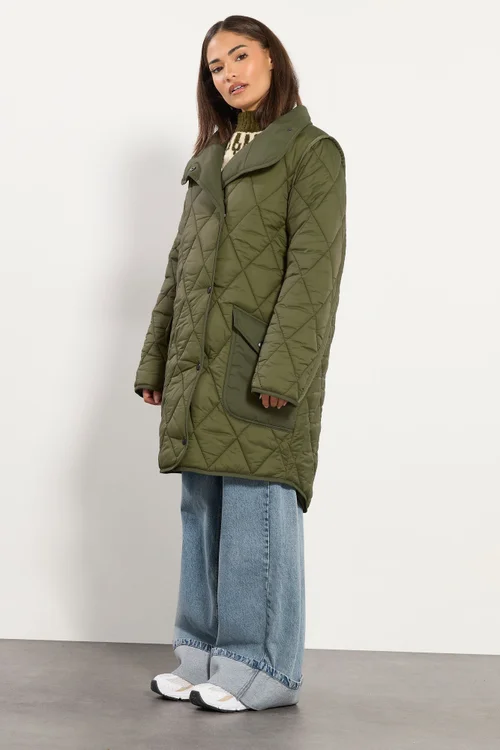 PixieGirl Petite Khaki Green Funnel Neck Quilted Coat - 12 Image 3