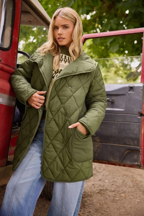 PixieGirl Petite Khaki Green Funnel Neck Quilted Coat - 12 Image 1