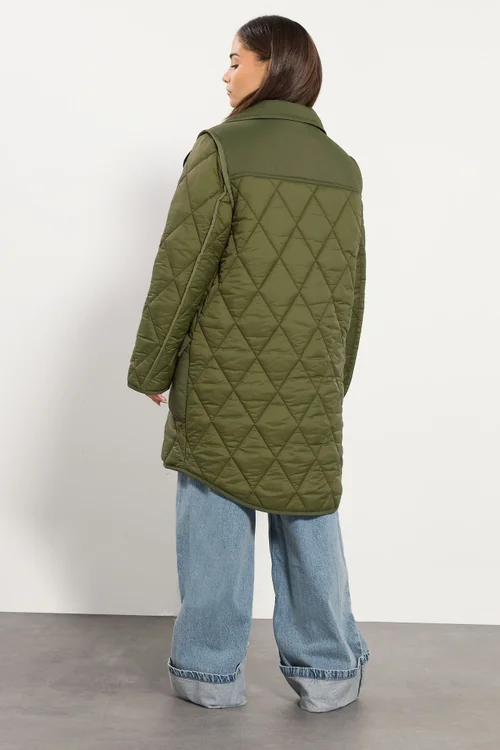 PixieGirl Petite Khaki Green Funnel Neck Quilted Coat - 12 Image 4