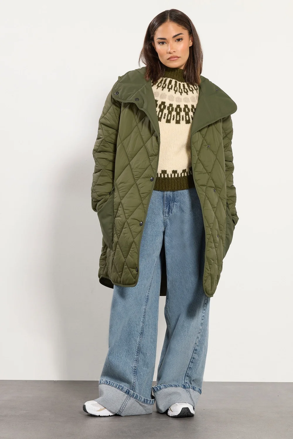 PixieGirl Petite Khaki Green Funnel Neck Quilted Coat - 12 Image 2