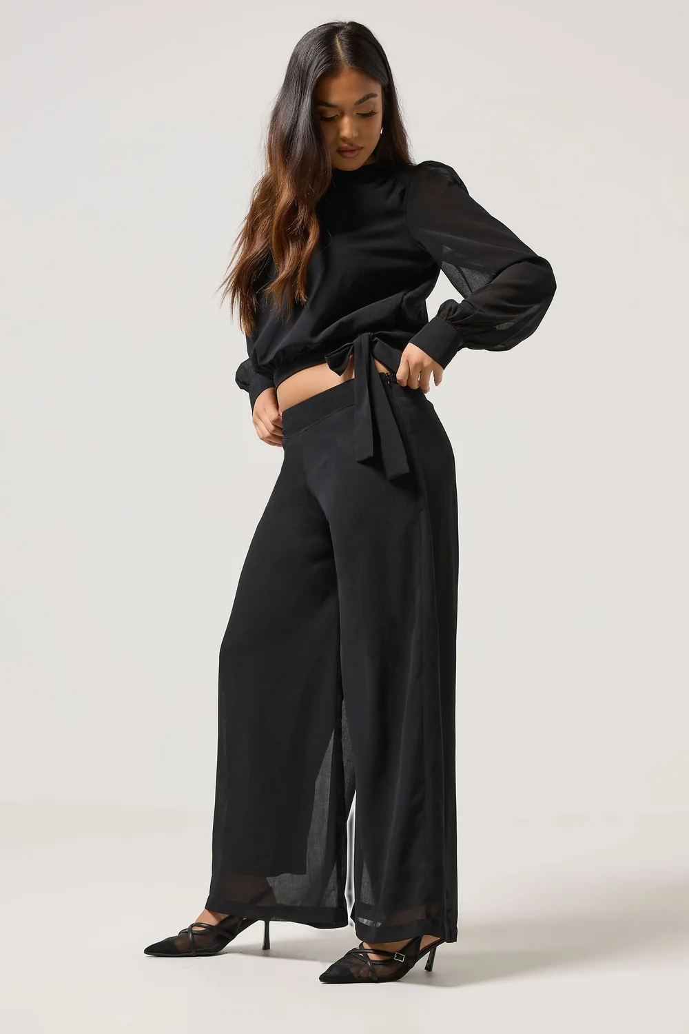 PixieGirl Petite Black Chiffon Palazzo Trousers - 10 Image 2