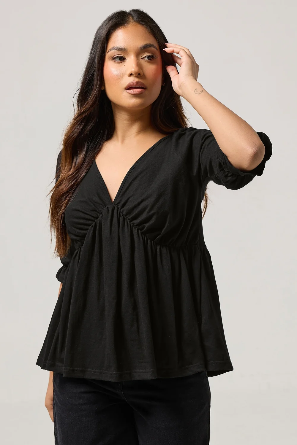 PixieGirl Petite Black Cotton Smock Top - Size 16 Image 1