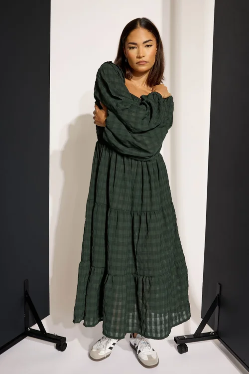 PixieGirl Petite Green Crinkle Check Tiered Dress - Size 10 Image 1