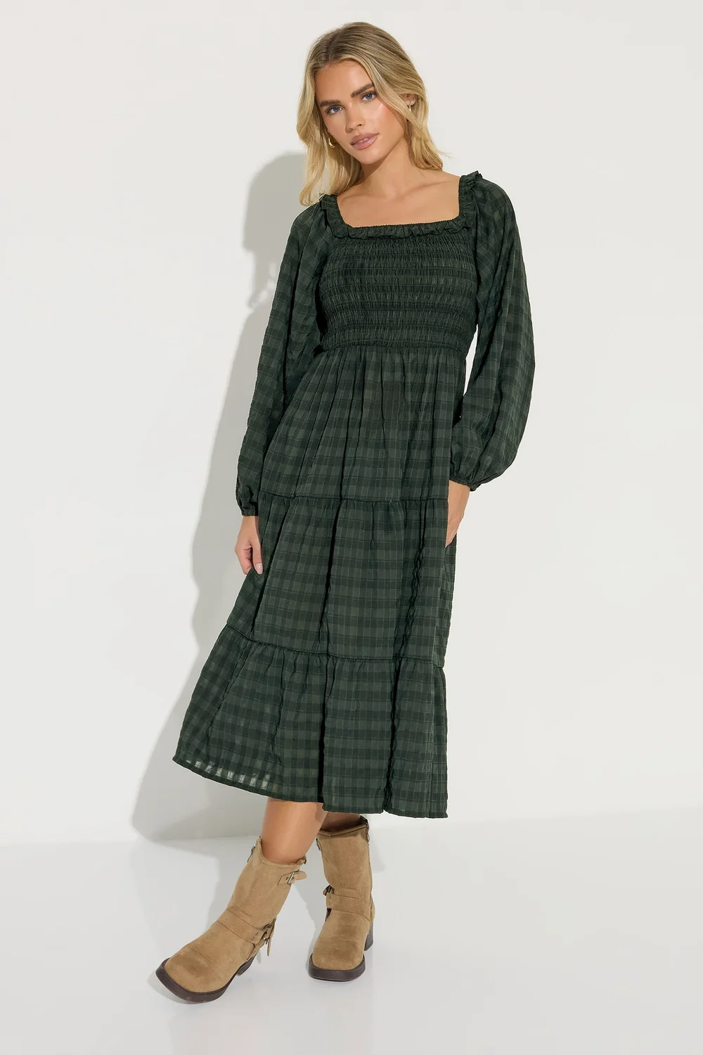 PixieGirl Petite Green Crinkle Check Tiered Dress - Size 10 Image 2