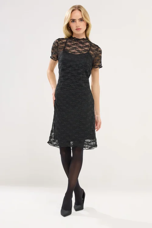 PixieGirl Petite Black Lace Short Sleeve Dress - 8 Image 2