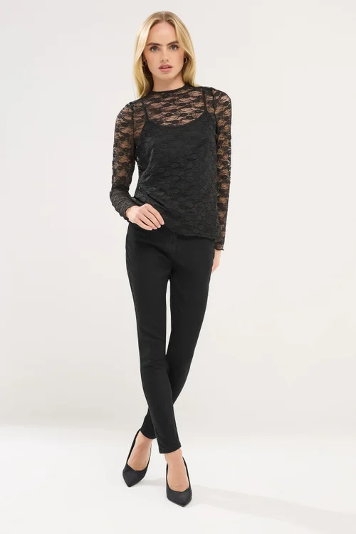 PixieGirl Petite Black Long Sleeve Lace Top - Size 16 Image 2