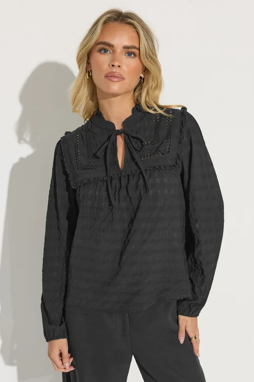 PixieGirl Petite Black Crinkle Crochet Tie Neck Blouse - Size 16 Image 2