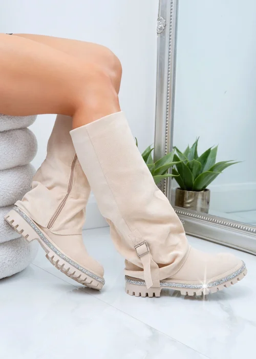 Love Lemonade Nude Crystal Trim Wild Obsession Knee High Boots - Size 5 Image 1