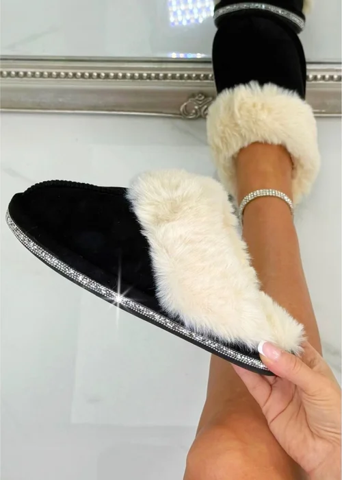 Love Lemonade Black Crystal Trim Cosy Slippers - Size 5 Image 1