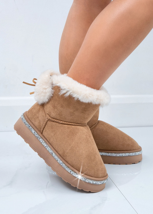 Love Lemonade Brown Crystal Faux Fur Bow Ankle Boots - Size 8 Image 4