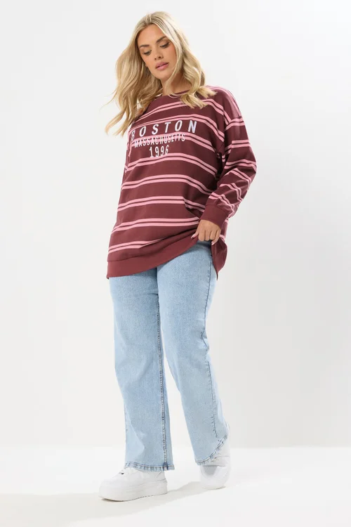 Yours Curve Red 'Boston' Slogan Stripe Sweatshirt - 18 Image 2