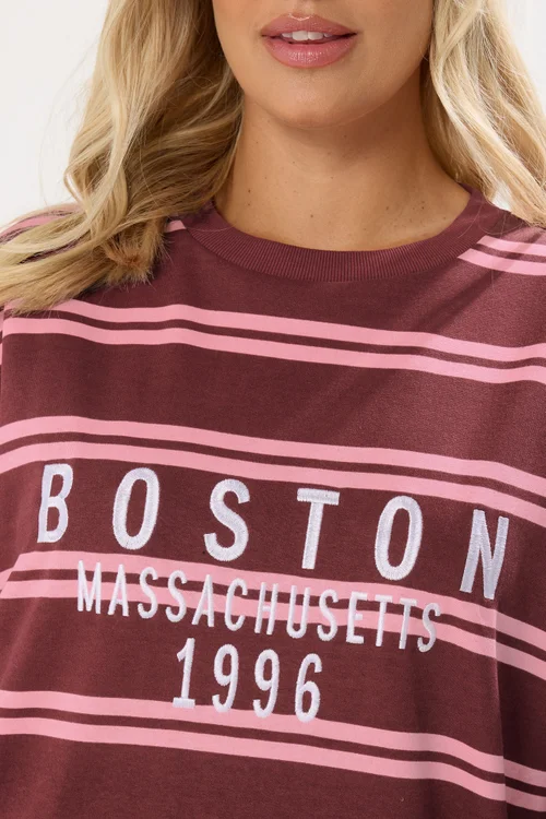 Yours Curve Red 'Boston' Slogan Stripe Sweatshirt - 18 Image 4