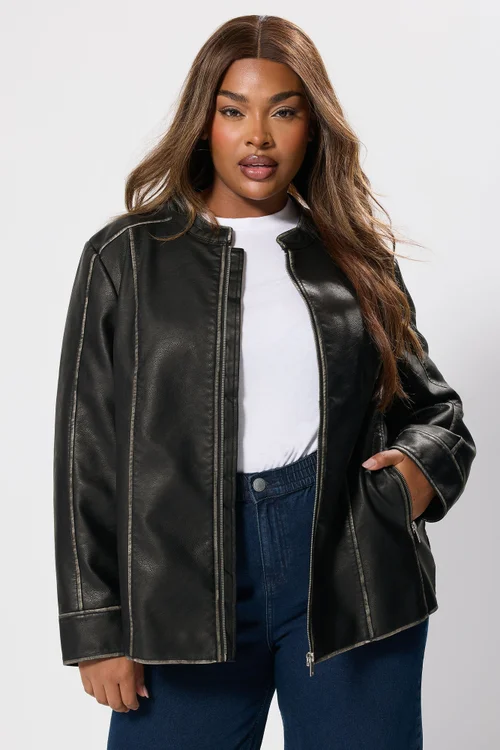 Yours Curve Grey Washed Faux Leather Jacket - 16 Image 1
