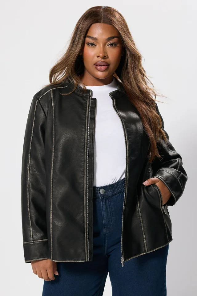 Yours Curve Grey Washed Faux Leather Jacket