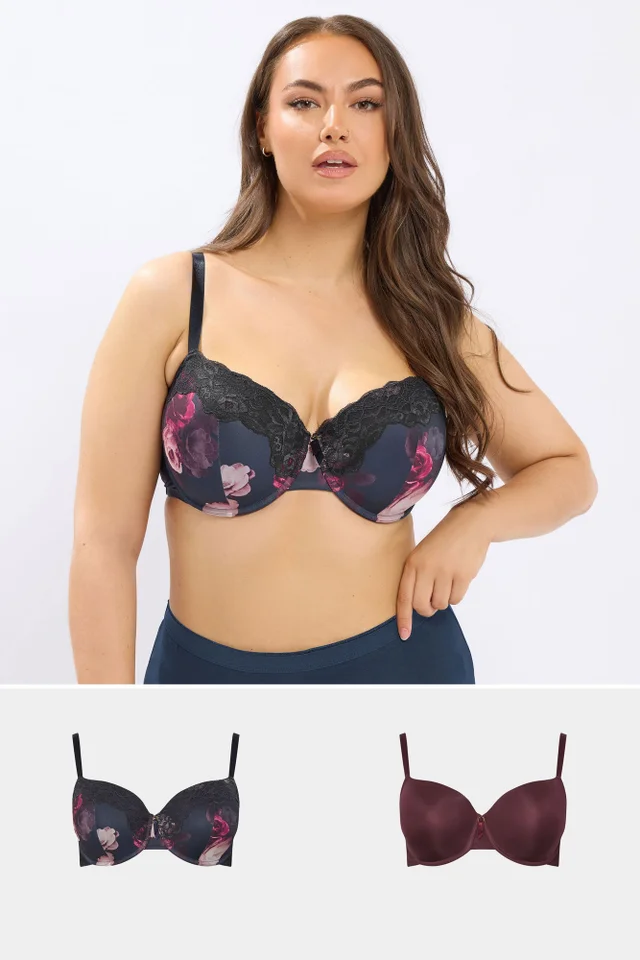 Yours 2 Pack Curve Navy Blue Floral Print T-Shirt Bras