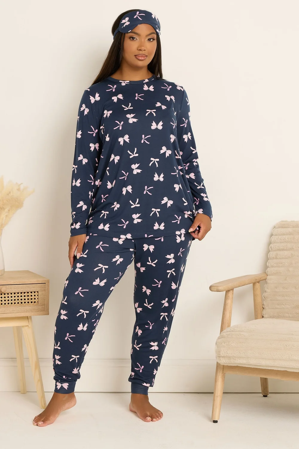 Yours Curve Navy Blue Bow Soft Touch Pyjama & Eye Mask Set - Size 22-24 Image 1