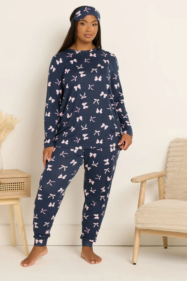 Yours Curve Navy Blue Bow Soft Touch Pyjama & Eye Mask Set