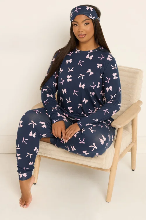 Yours Curve Navy Blue Bow Soft Touch Pyjama & Eye Mask Set - Size 22-24 Image 2