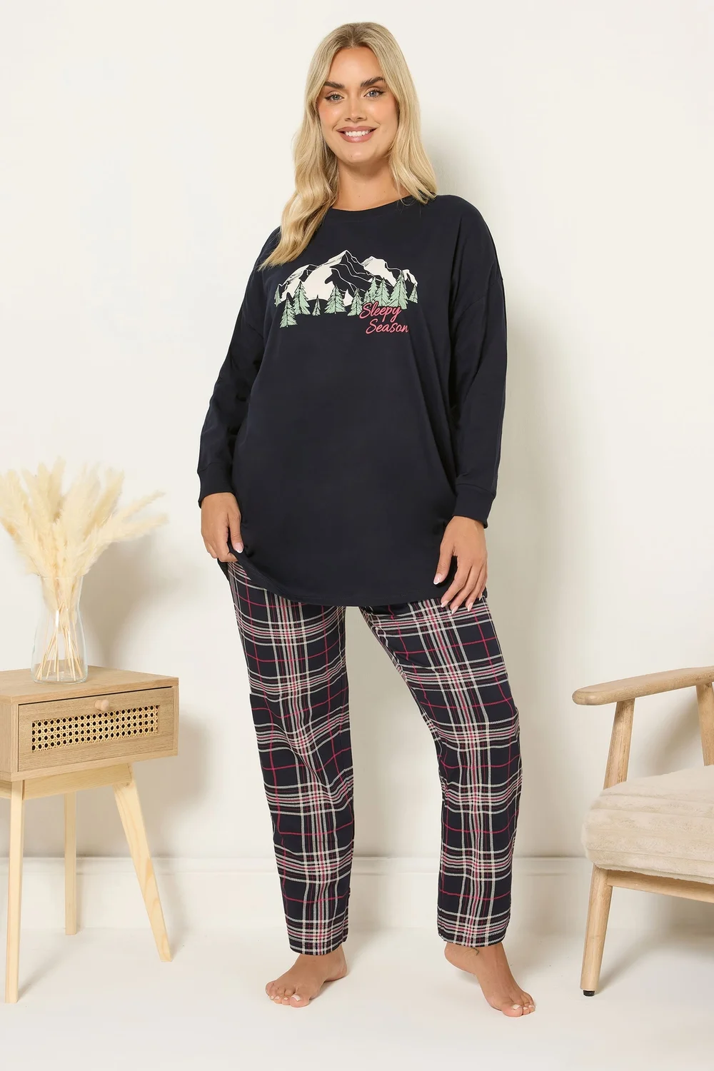 Yours Curve Blue 'Sleep Season' Check Pyjama Gift Set - Size 22-24 Image 1