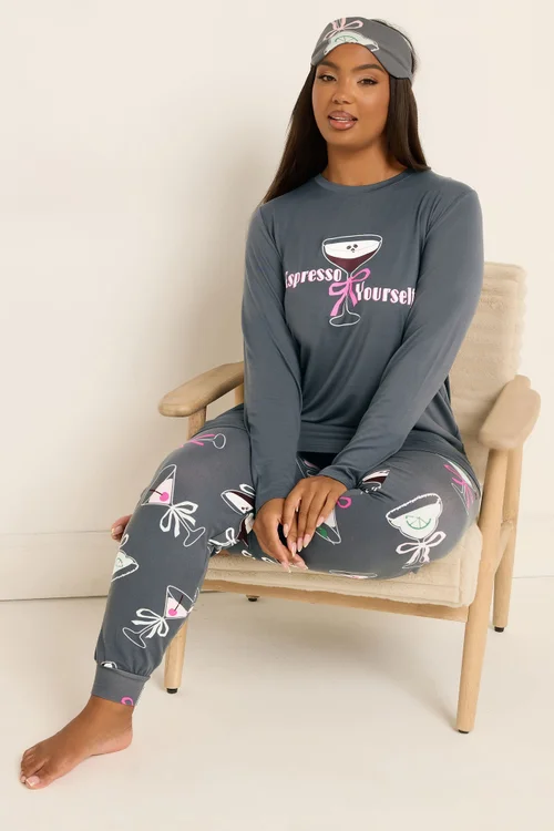 Yours Curve Grey 'Espresso Yourself' Soft Touch Pyjama & Eye Mask Set - Size 34-36 Image 2