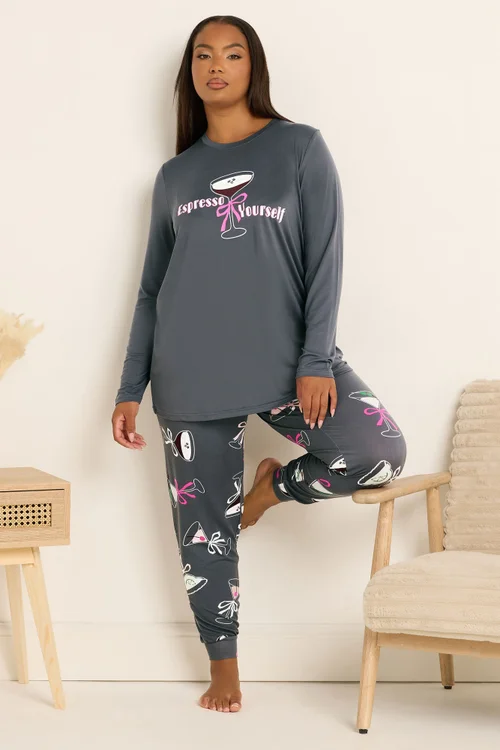 Yours Curve Grey 'Espresso Yourself' Soft Touch Pyjama & Eye Mask Set - Size 34-36 Image 4