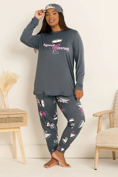 Yours Curve Grey 'Espresso Yourself' Soft Touch Pyjama & Eye Mask Set - Size 34-36 Image 3