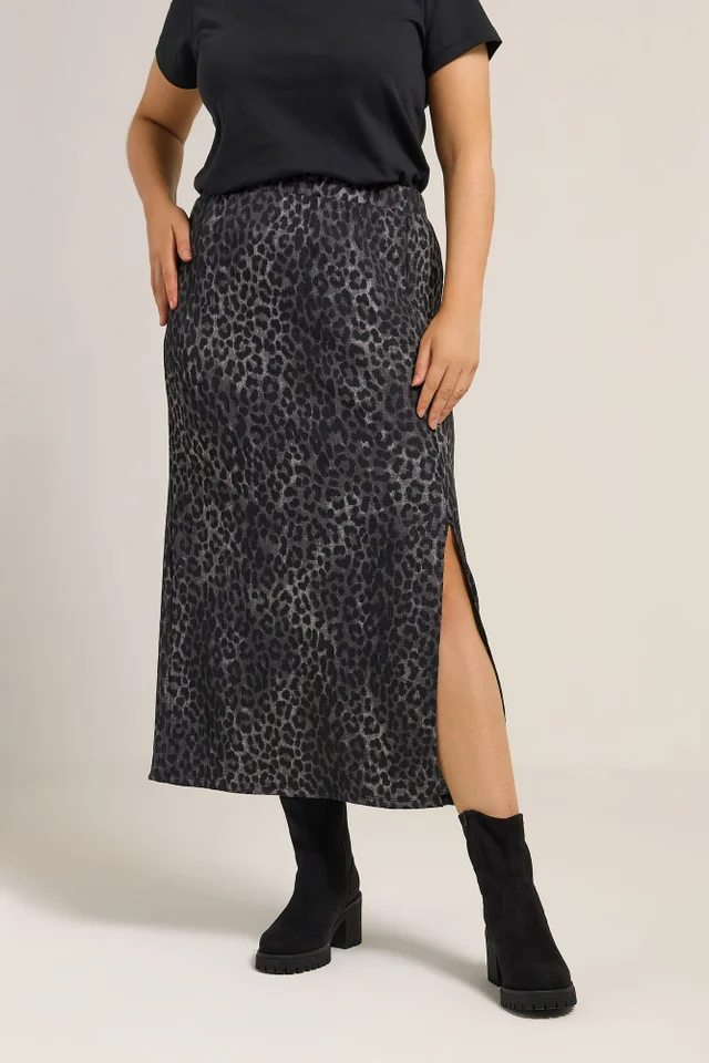 Yours Curve Grey Leopard Print Textured Tube Skirt