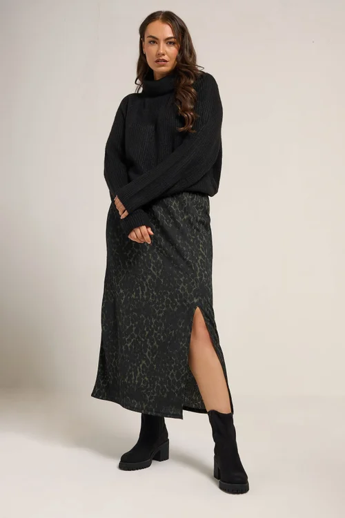 Yours Curve Khaki Green Leopard Print Textured Tube Skirt - Size 16 Image 1