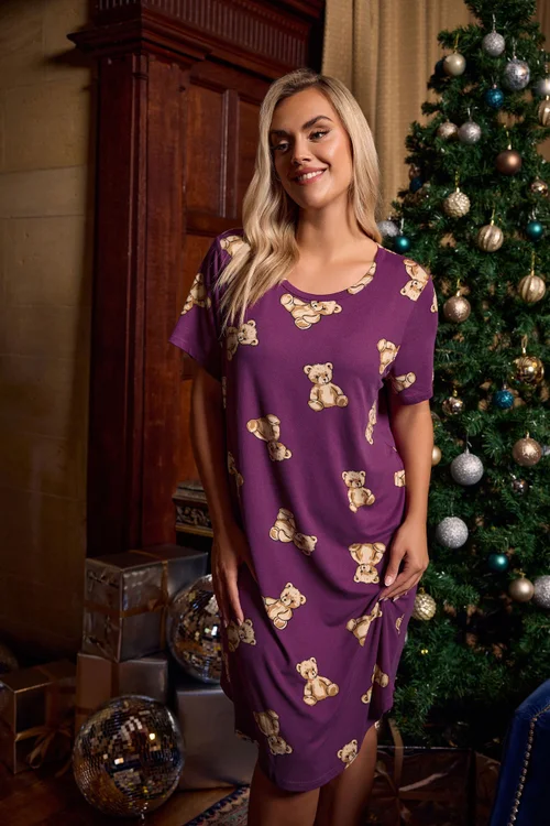 Yours Curve Purple Teddy Bear Soft Touch Nightdress - Size 26-28 Image 1