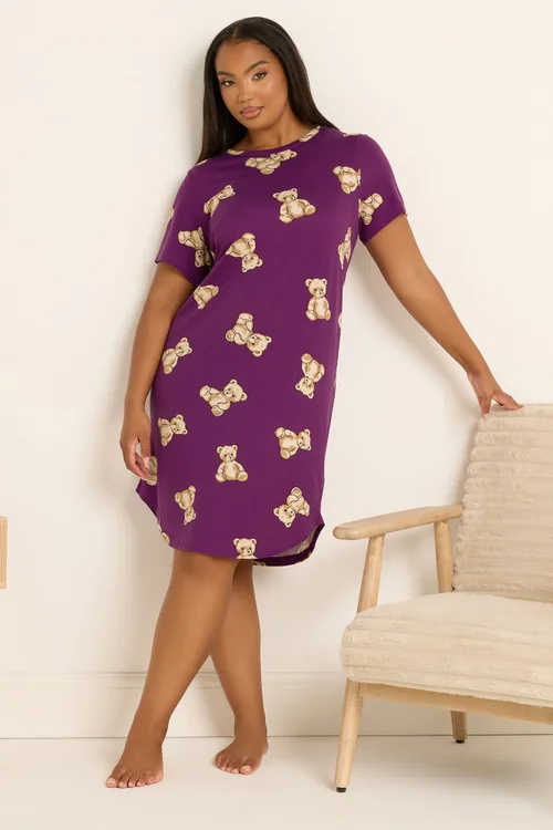 Yours Curve Purple Teddy Bear Soft Touch Nightdress - Size 26-28 Image 3