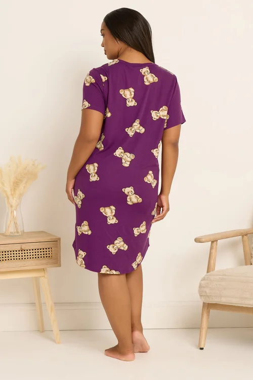 Yours Curve Purple Teddy Bear Soft Touch Nightdress - Size 26-28 Image 4