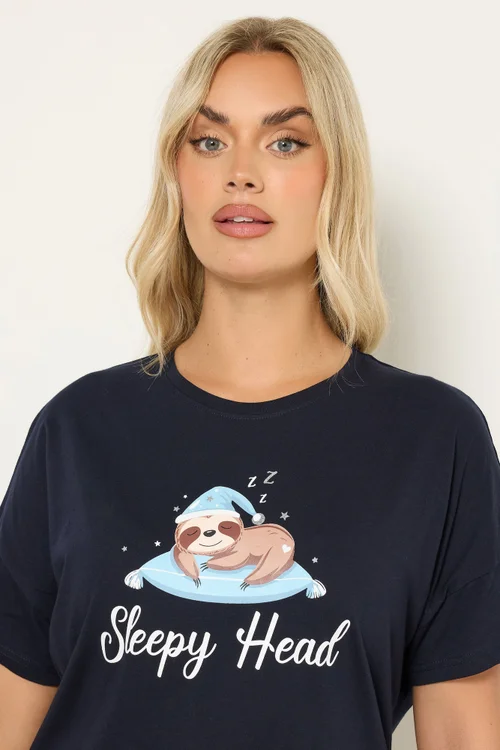 Yours Curve Navy Blue 'Sleepy Head' Sloth Sleep Tee Nightdress - Size 30-32 Image 4