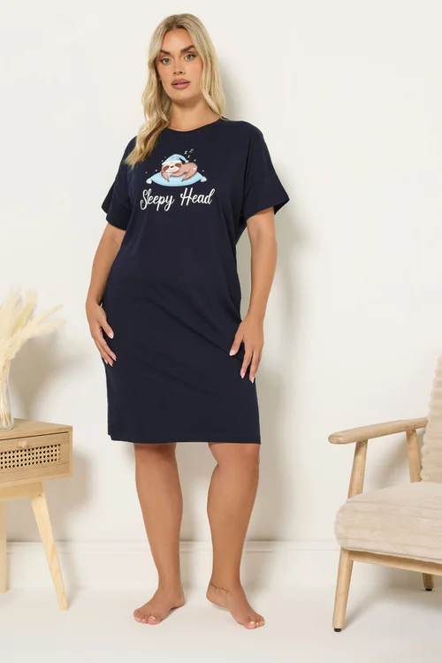 Yours Curve Navy Blue 'Sleepy Head' Sloth Sleep Tee Nightdress - Size 30-32 Image 1
