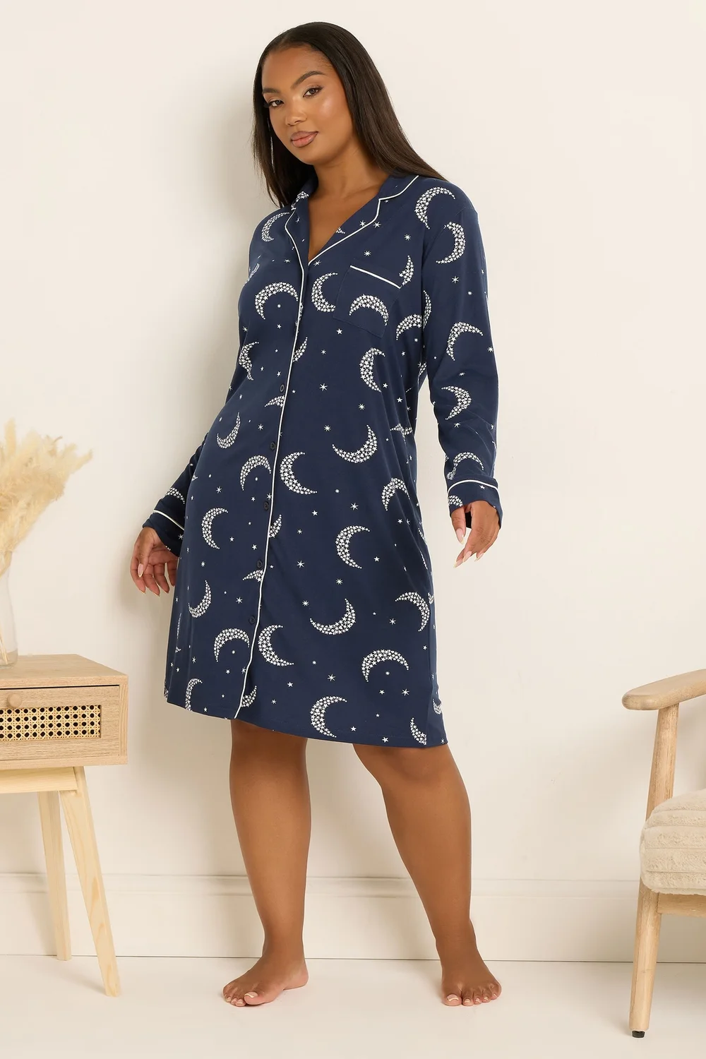 Yours Curve Navy Blue Moon & Star Button Soft Touch Nightdress - Size 30-32 Image 2