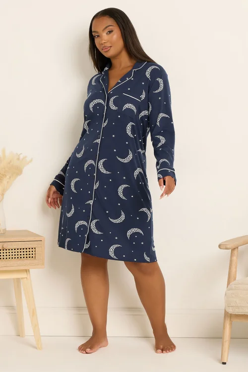 Yours Curve Navy Blue Moon & Star Button Soft Touch Nightdress - Size 30-32 Image 2