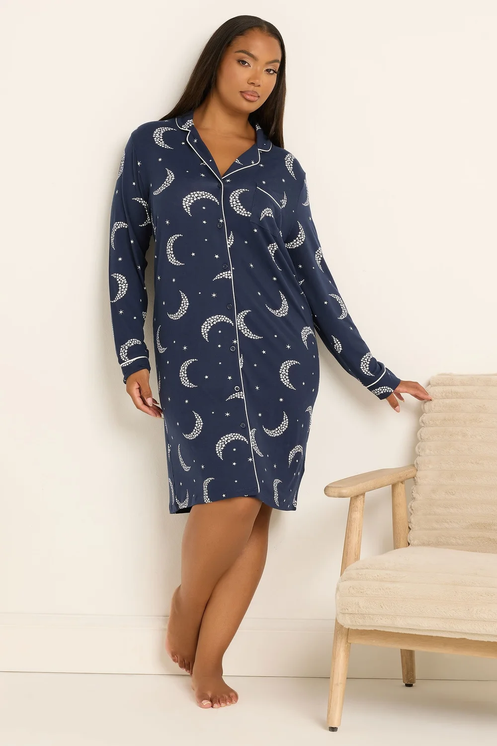 Yours Curve Navy Blue Moon & Star Button Soft Touch Nightdress - Size 30-32 Image 1