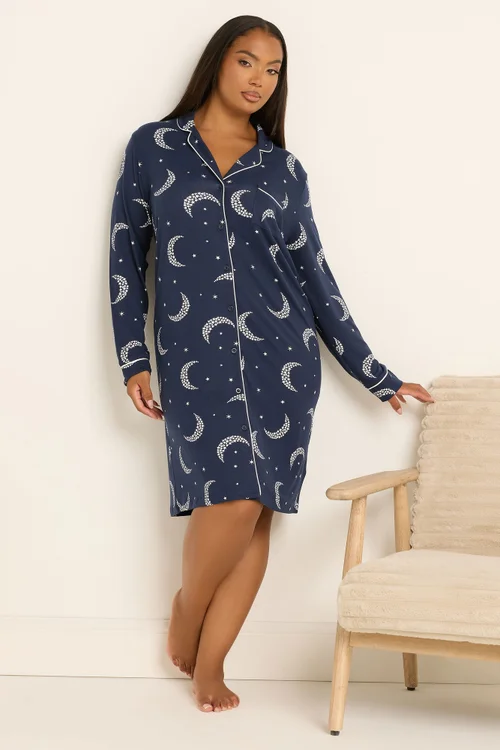 Yours Curve Navy Blue Moon & Star Button Soft Touch Nightdress - Size 30-32 Image 1