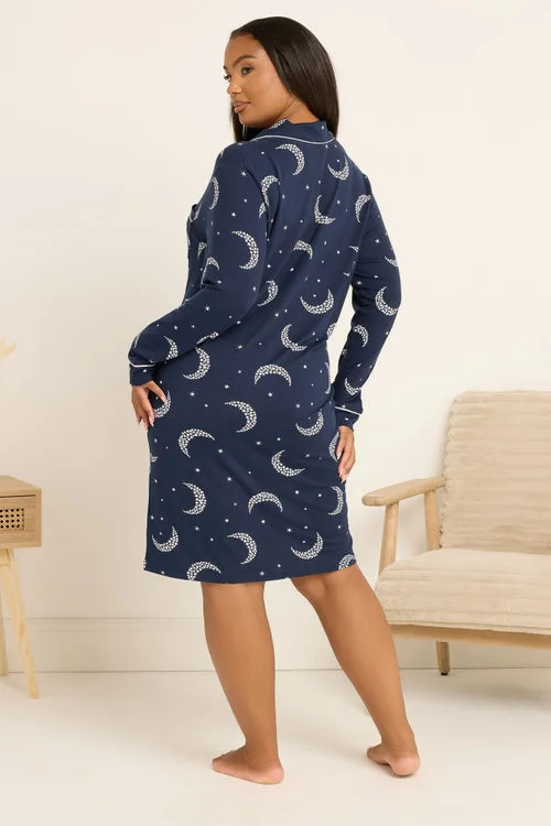 Yours Curve Navy Blue Moon & Star Button Soft Touch Nightdress - Size 30-32 Image 3