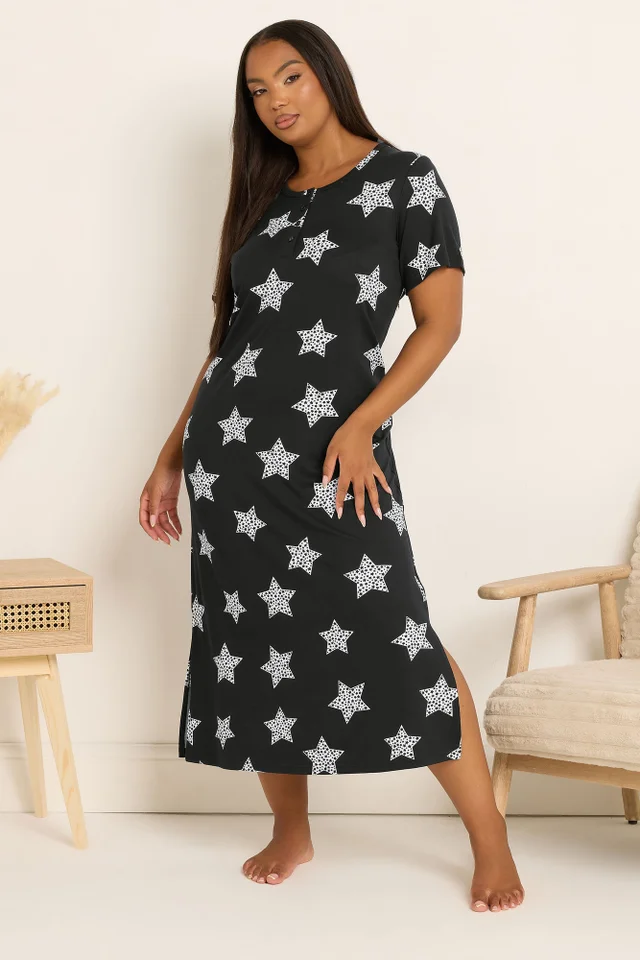 Yours Curve Black Star Soft Touch Placket Nightdress