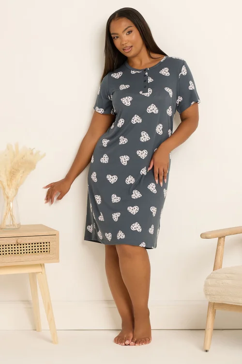 Yours Curve Grey Animal Heart Soft Touch Placket Nightdress - Size 26-28 Image 1