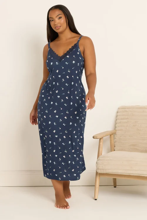 Yours Curve Navy Blue Floral Soft Touch Chemise Nightdress - Size 34-36 Image 1