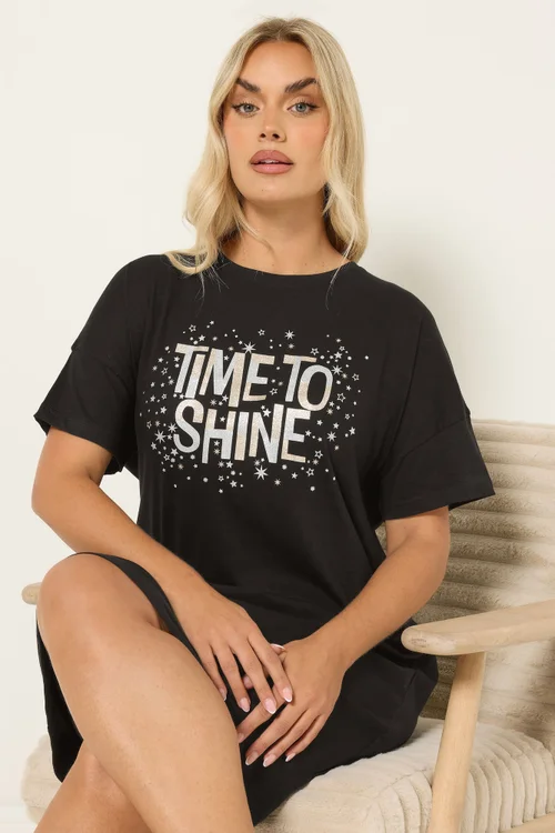 Yours Curve Black 'Time To Shine' Sleep Tee Nightdress - Size 34-36 Image 2