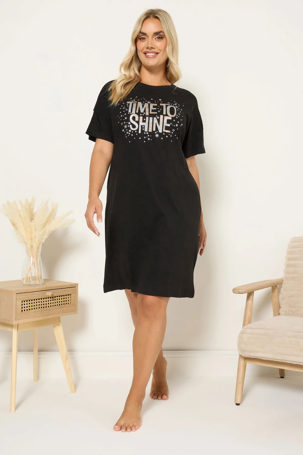 Yours Curve Black 'Time To Shine' Sleep Tee Nightdress - Size 34-36 Image 1