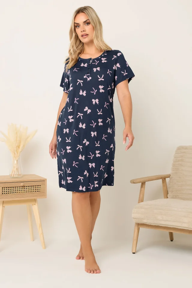 Yours Curve Navy Blue Bow Soft Touch Placket Nightdress