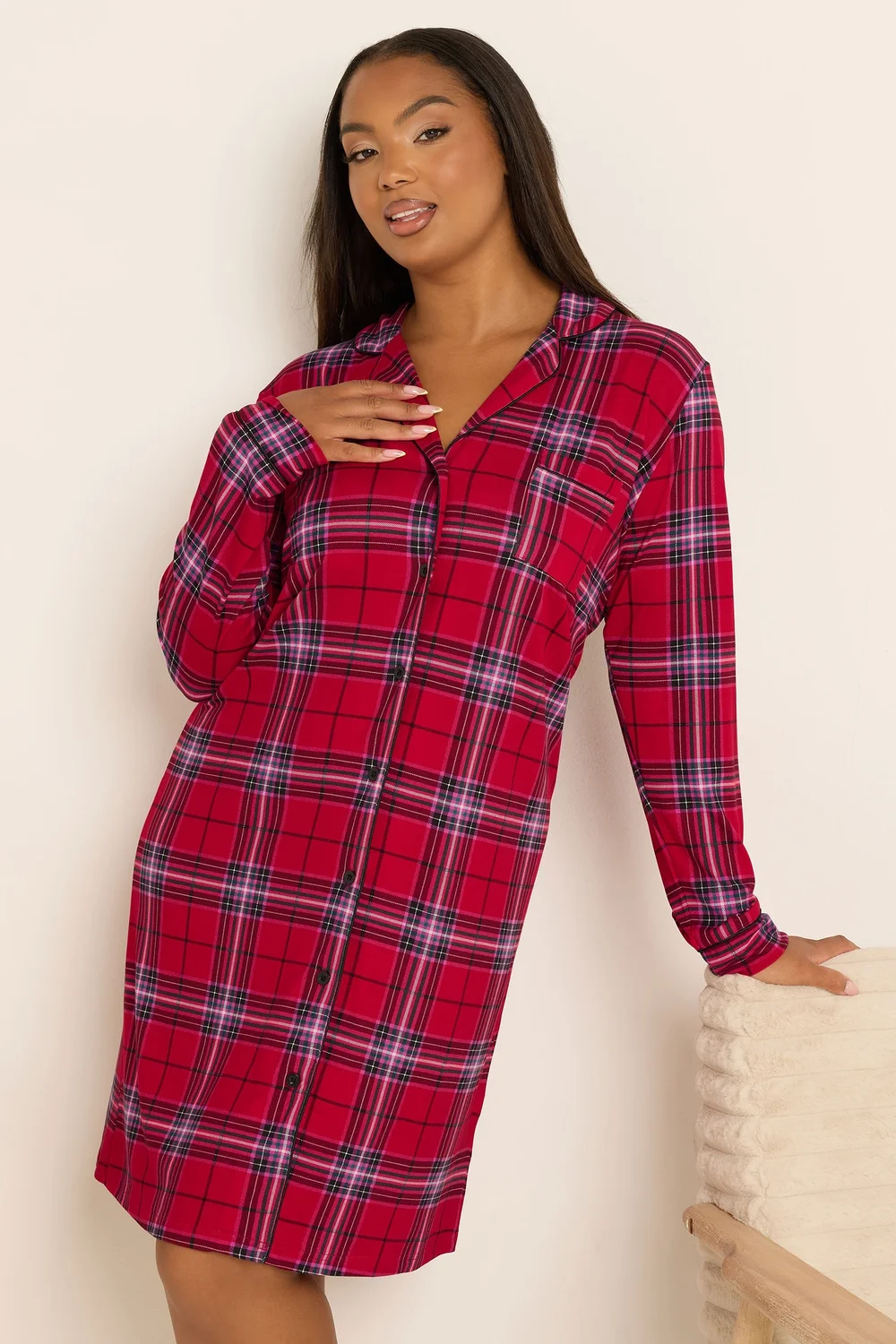 Yours Curve Red Check Button Through Soft Touch Nightdress - Size 26-28 Image 2