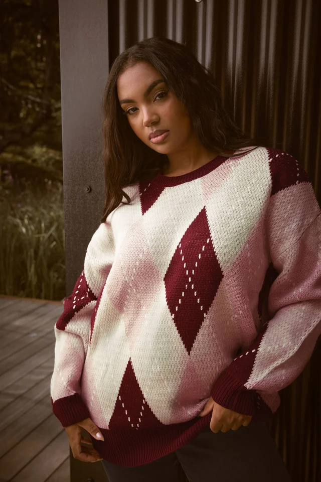 Yours Curve Red Argyle Knitted Jumper