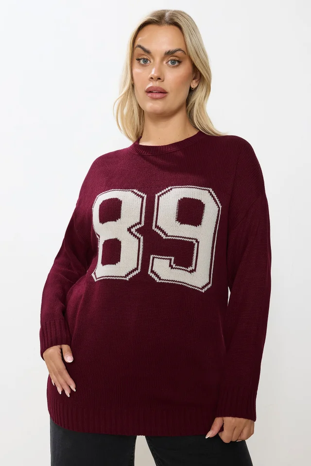 Yours Curve Burgundy Red '89' Slogan Knitted Jumper