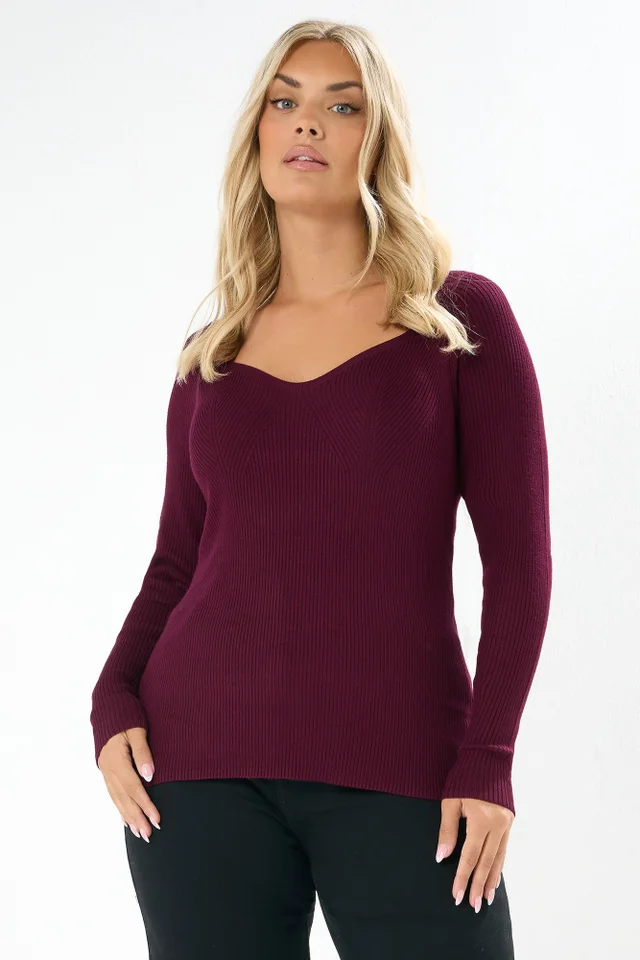 Yours Curve Burgundy Red Sweetheart Neck Jumper